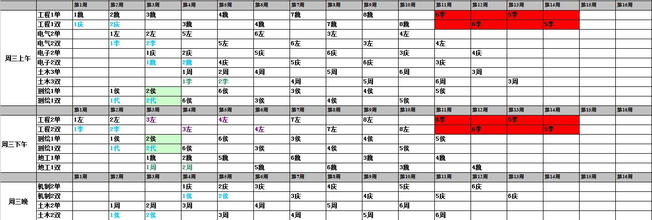 2016-2017年度秋季排课表